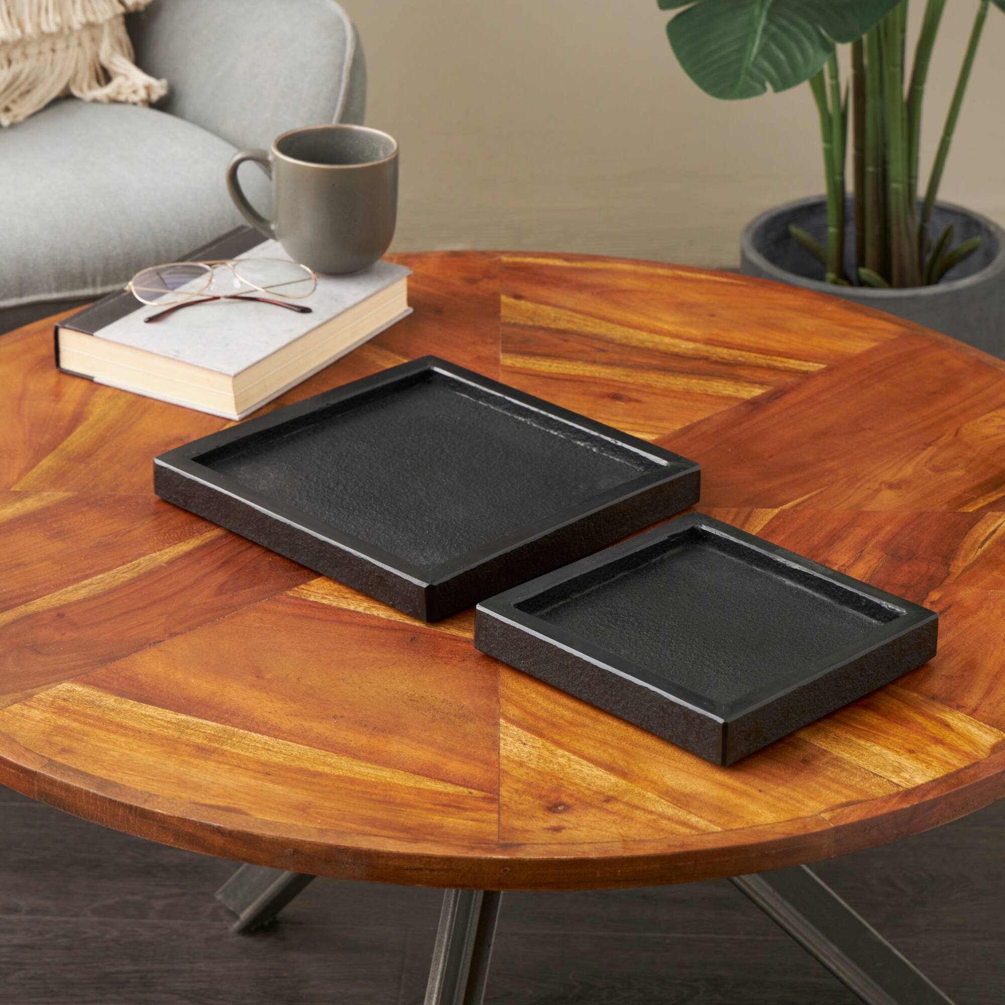 Black Marble Minimalistic Textured Square Trays, 2ct.